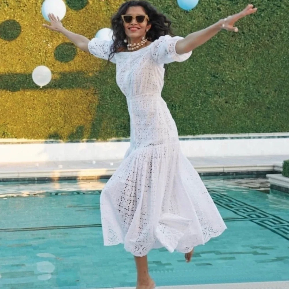 NEW Veronica Beard White Cali Eyelet Off the Shoulder Cotton Maxi Dress, Size 4 - Picture 4 of 11